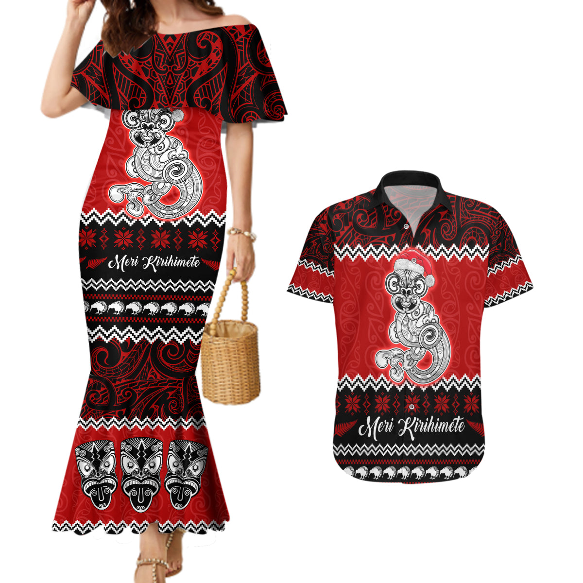 Personalised New Zealand Christmas Couples Matching Mermaid Dress and Hawaiian Shirt Maori Tiki Meri Kirihimete LT9 Red - Polynesian Pride