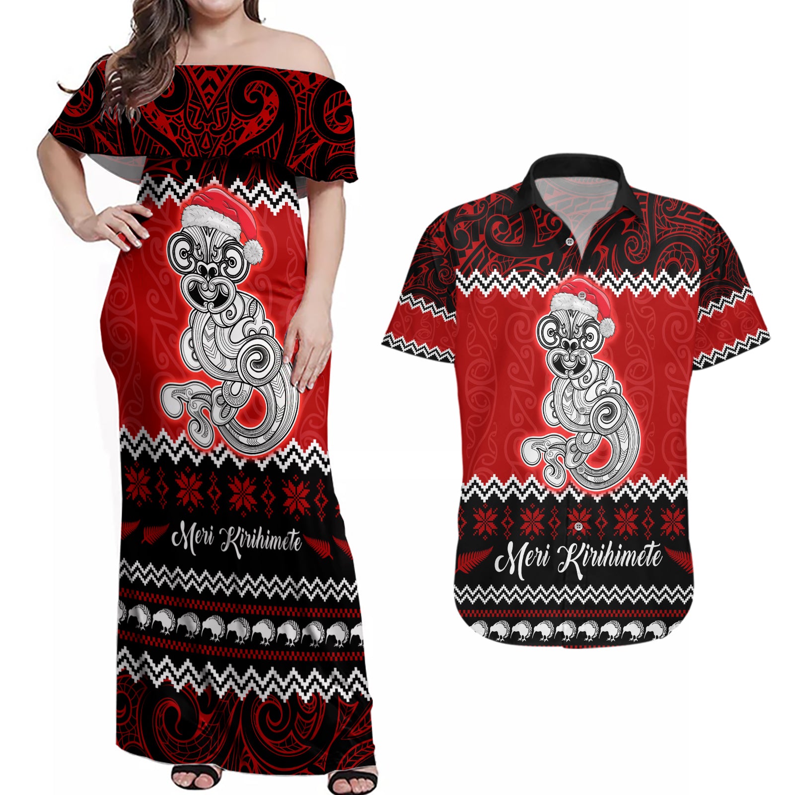 Personalised New Zealand Christmas Couples Matching Off Shoulder Maxi Dress and Hawaiian Shirt Maori Tiki Meri Kirihimete LT9 Red - Polynesian Pride