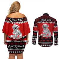 Personalised New Zealand Christmas Couples Matching Off Shoulder Short Dress and Long Sleeve Button Shirt Maori Tiki Meri Kirihimete LT9 - Polynesian Pride