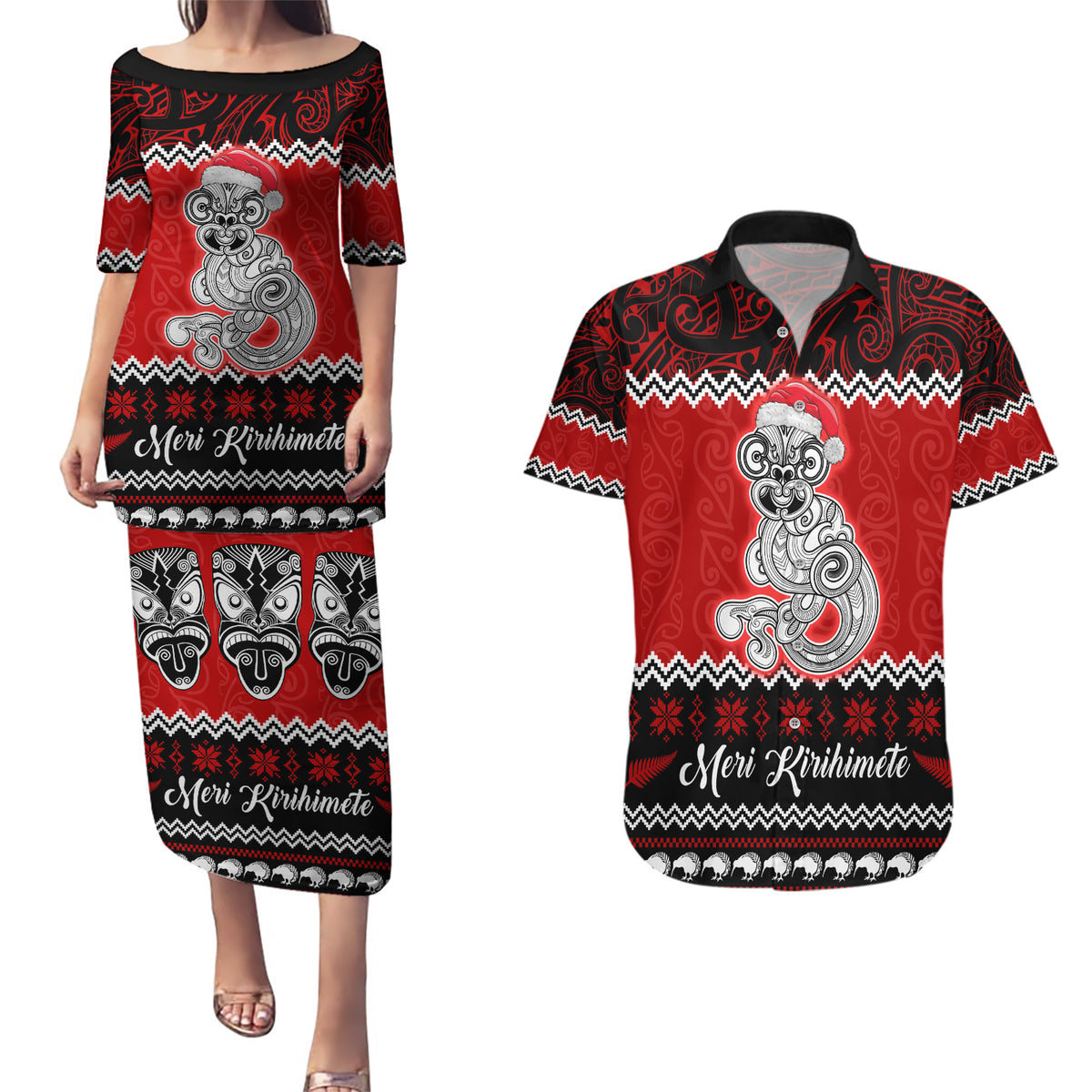 Personalised New Zealand Christmas Couples Matching Puletasi Dress and Hawaiian Shirt Maori Tiki Meri Kirihimete LT9 Red - Polynesian Pride