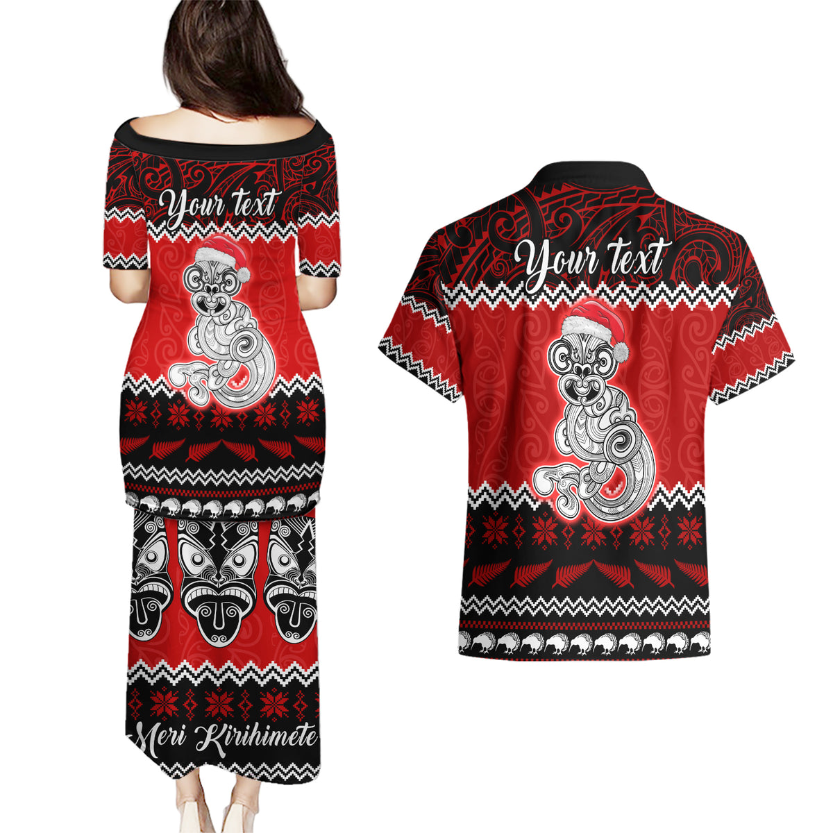 Personalised New Zealand Christmas Couples Matching Puletasi Dress and Hawaiian Shirt Maori Tiki Meri Kirihimete LT9 - Polynesian Pride