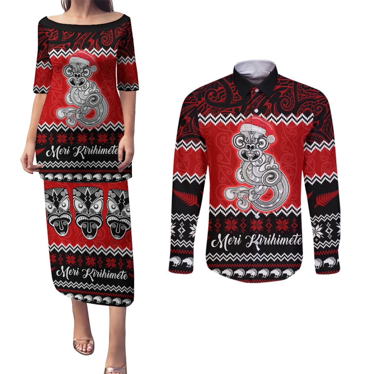 Personalised New Zealand Christmas Couples Matching Puletasi Dress and Long Sleeve Button Shirt Maori Tiki Meri Kirihimete LT9 Red - Polynesian Pride