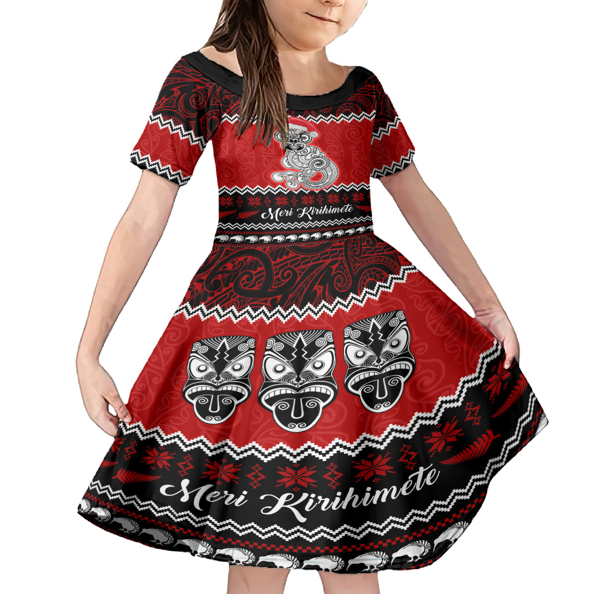 Personalised New Zealand Christmas Family Matching Long Sleeve Bodycon Dress and Hawaiian Shirt Maori Tiki Meri Kirihimete LT9 Daughter's Dress Red - Polynesian Pride