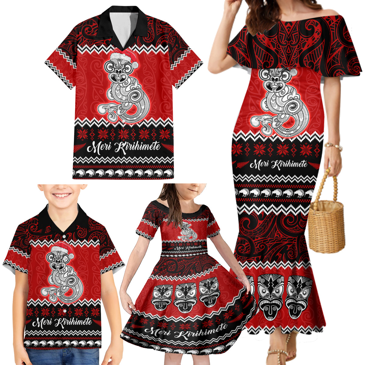 Personalised New Zealand Christmas Family Matching Mermaid Dress and Hawaiian Shirt Maori Tiki Meri Kirihimete LT9 - Polynesian Pride