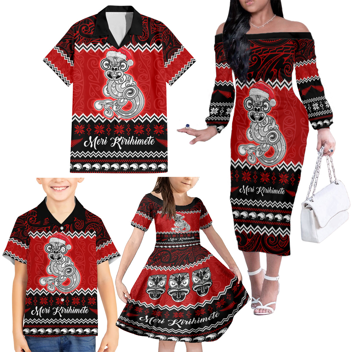 Personalised New Zealand Christmas Family Matching Off Shoulder Long Sleeve Dress and Hawaiian Shirt Maori Tiki Meri Kirihimete LT9 - Polynesian Pride