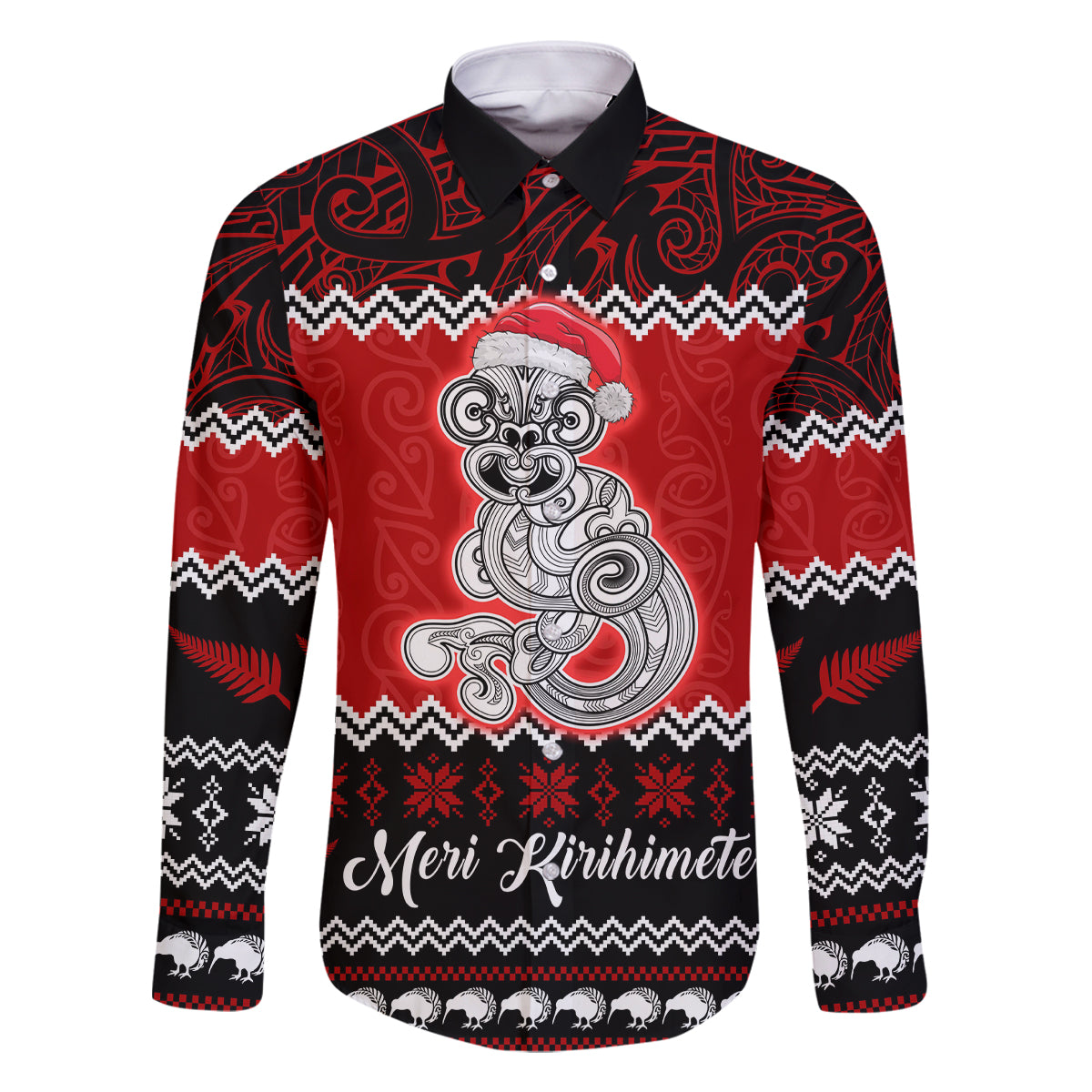 Personalised New Zealand Christmas Family Matching Off Shoulder Long Sleeve Dress and Hawaiian Shirt Maori Tiki Meri Kirihimete LT9 Dad's Shirt - Long Sleeve Red - Polynesian Pride