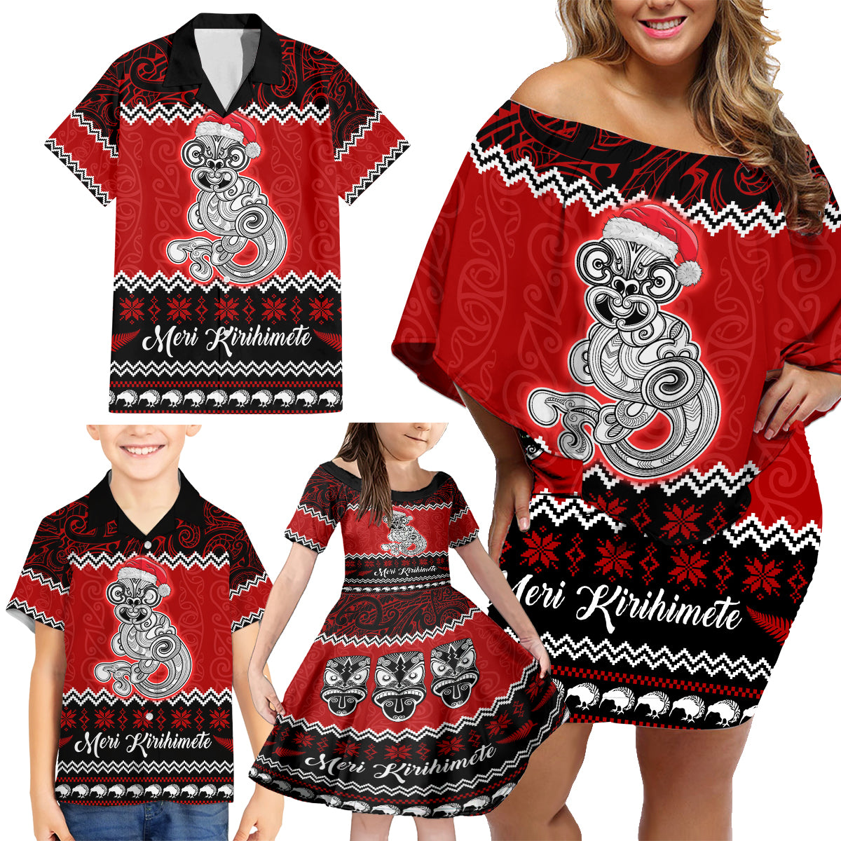 Personalised New Zealand Christmas Family Matching Off Shoulder Short Dress and Hawaiian Shirt Maori Tiki Meri Kirihimete LT9 - Polynesian Pride