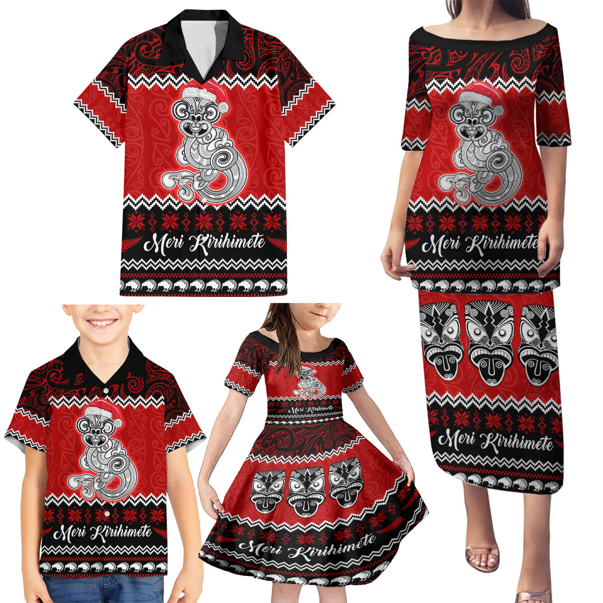 Personalised New Zealand Christmas Family Matching Puletasi Dress and Hawaiian Shirt Maori Tiki Meri Kirihimete LT9 - Polynesian Pride