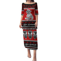 Personalised New Zealand Christmas Family Matching Puletasi Dress and Hawaiian Shirt Maori Tiki Meri Kirihimete LT9 Mom's Dress Red - Polynesian Pride