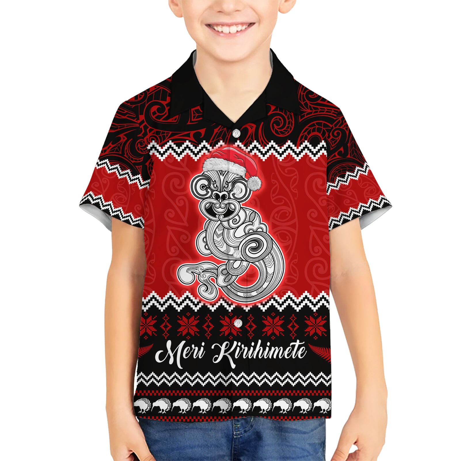 Personalised New Zealand Christmas Kid Hawaiian Shirt Maori Tiki Meri Kirihimete LT9 Kid Red - Polynesian Pride