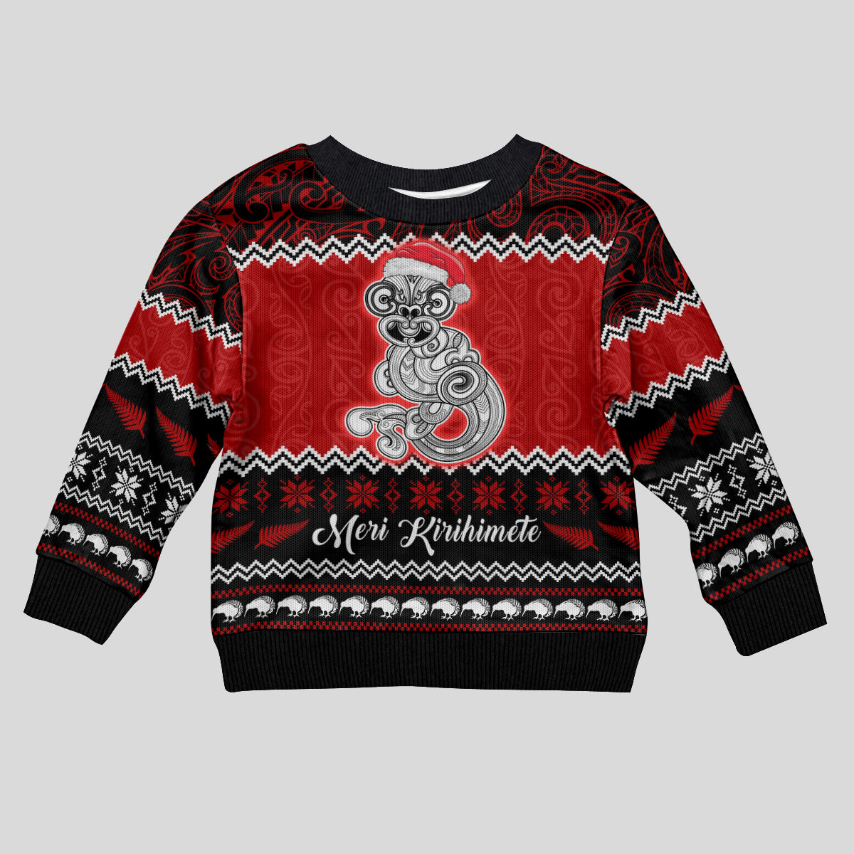 Personalised New Zealand Christmas Kid Ugly Christmas Sweater Maori Tiki Meri Kirihimete LT9 Kid Red - Polynesian Pride