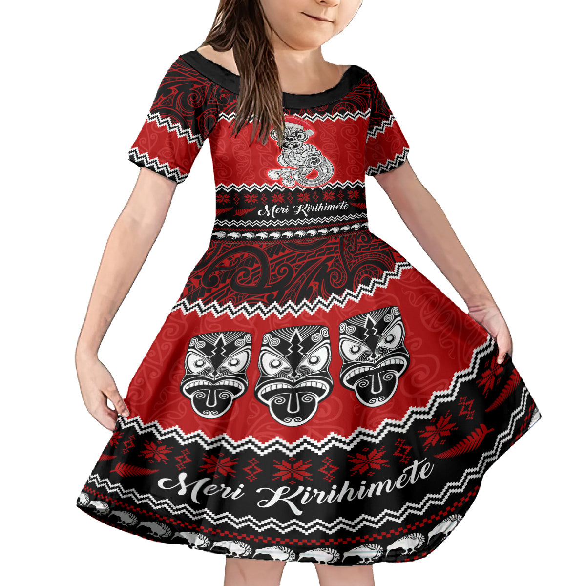 Personalised New Zealand Christmas Kid Short Sleeve Dress Maori Tiki Meri Kirihimete LT9 KID Red - Polynesian Pride