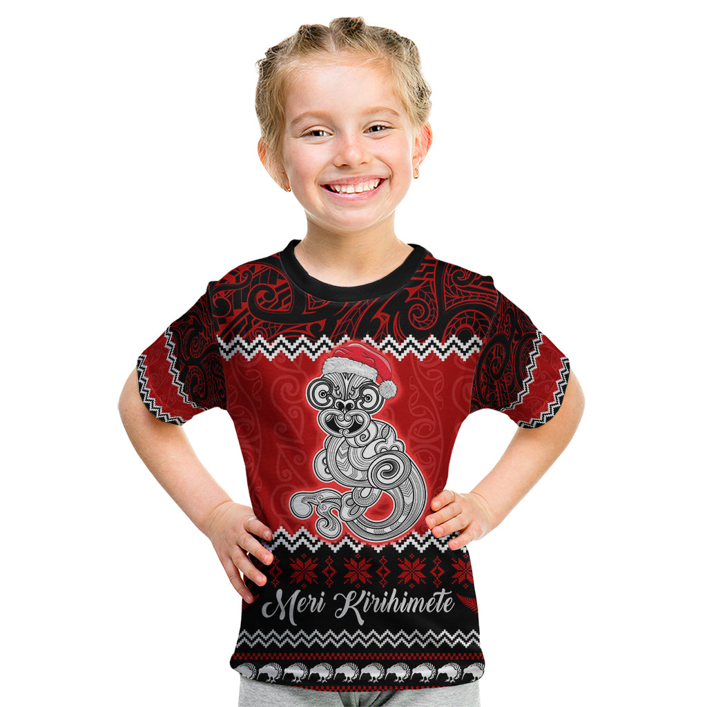 Personalised New Zealand Christmas Kid T Shirt Maori Tiki Meri Kirihimete LT9 Red - Polynesian Pride