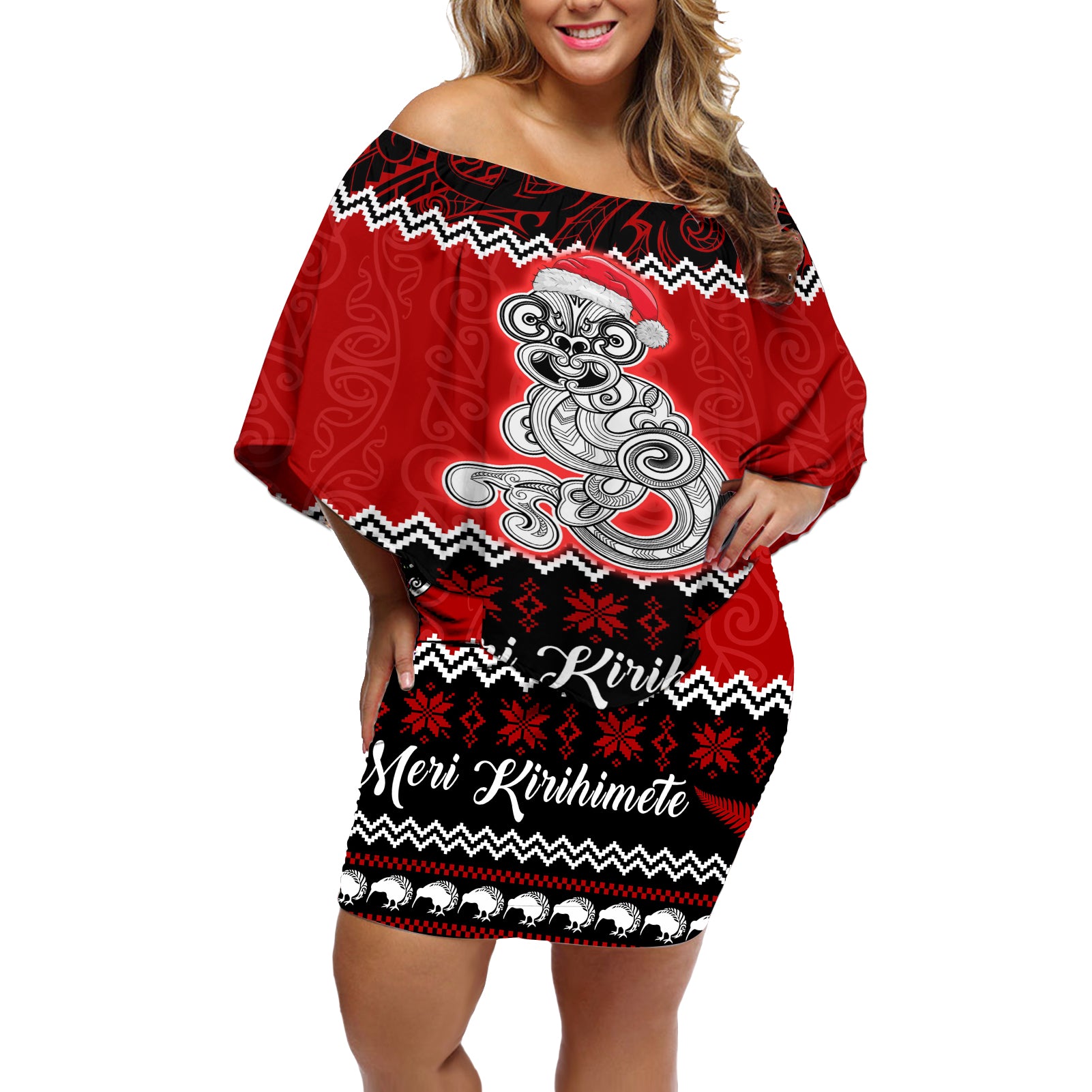 Personalised New Zealand Christmas Off Shoulder Short Dress Maori Tiki Meri Kirihimete LT9 Women Red - Polynesian Pride