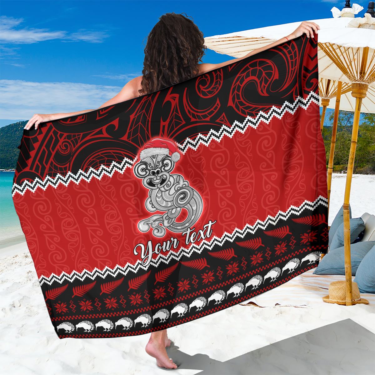 Personalised New Zealand Christmas Sarong Maori Tiki Meri Kirihimete LT9 One Size 44 x 66 inches Red - Polynesian Pride