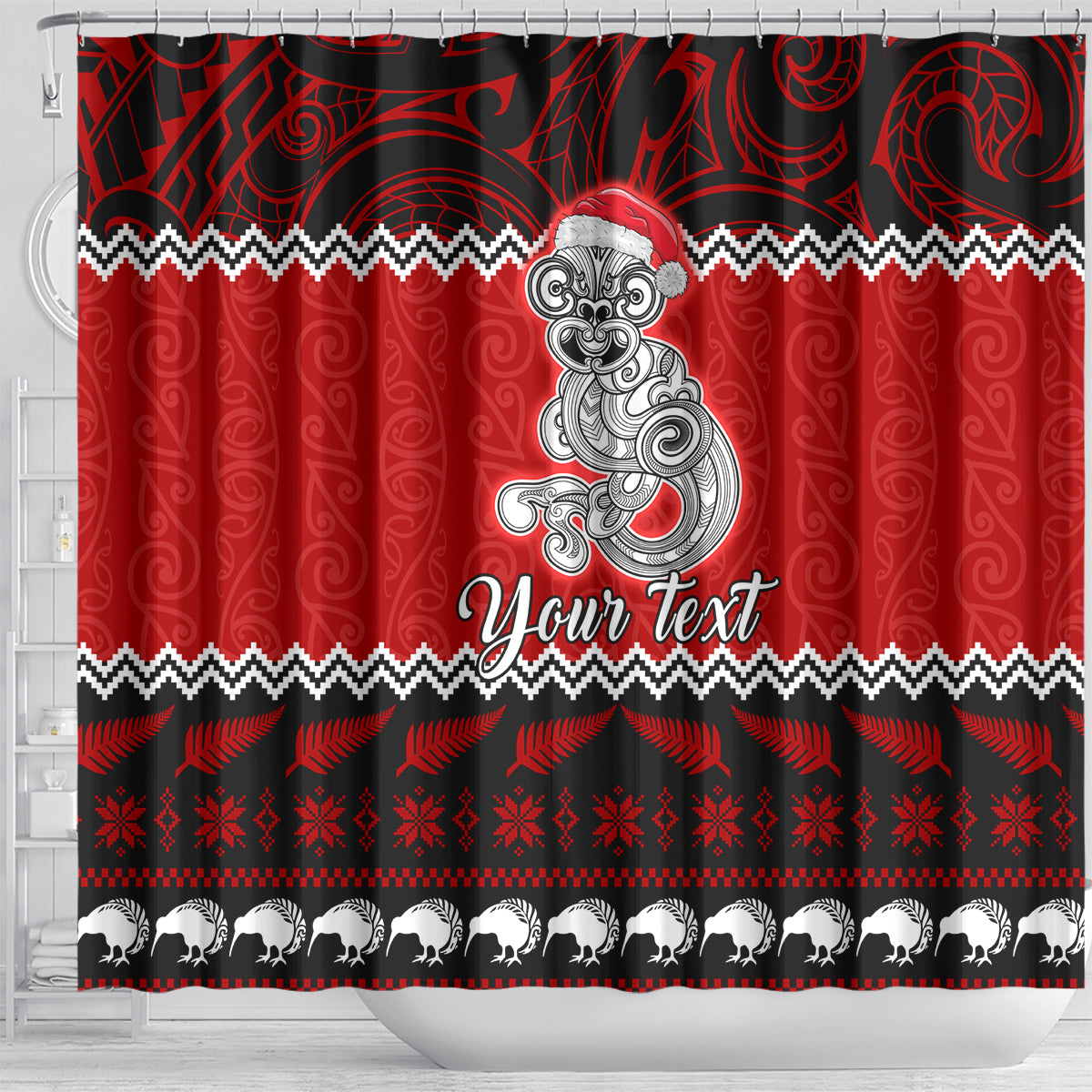 Personalised New Zealand Christmas Shower Curtain Maori Tiki Meri Kirihimete LT9 - Polynesian Pride