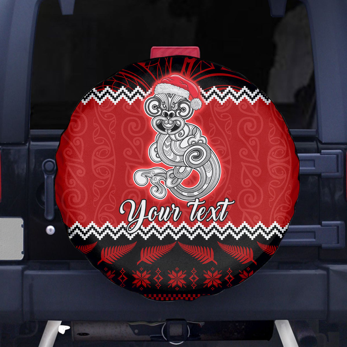 Personalised New Zealand Christmas Spare Tire Cover Maori Tiki Meri Kirihimete LT9 Red - Polynesian Pride