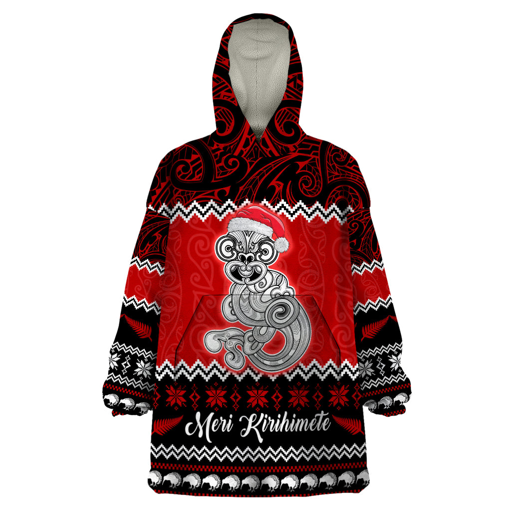 Personalised New Zealand Christmas Wearable Blanket Hoodie Maori Tiki Meri Kirihimete LT9 One Size Red - Polynesian Pride