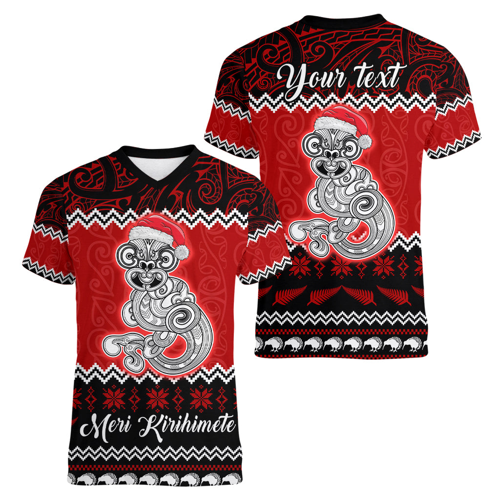 Personalised New Zealand Christmas Women V Neck T Shirt Maori Tiki Meri Kirihimete LT9 - Polynesian Pride