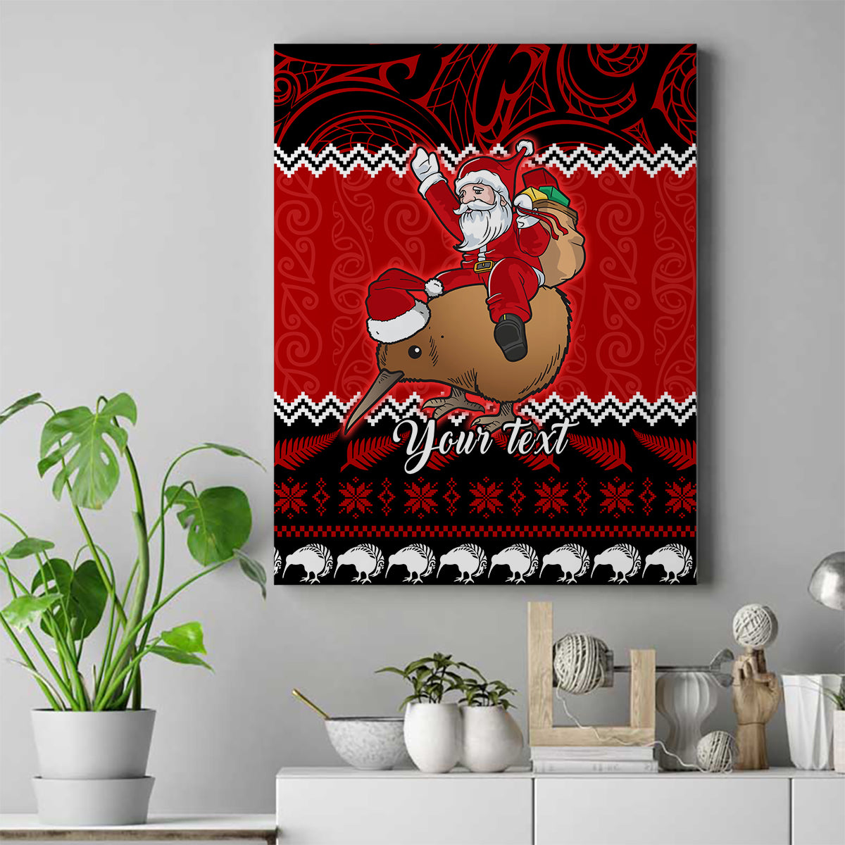 Personalised New Zealand Christmas Canvas Wall Art Kiwi Santa Claus Maori Meri Kirihimete LT9 Red - Polynesian Pride