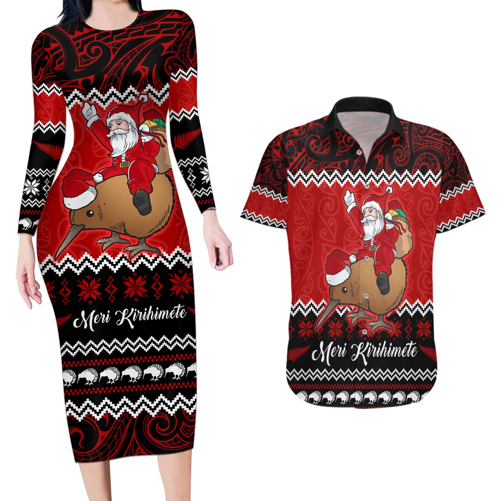 Personalised New Zealand Christmas Couples Matching Long Sleeve Bodycon Dress and Hawaiian Shirt Kiwi Santa Claus Maori Meri Kirihimete LT9 Red - Polynesian Pride