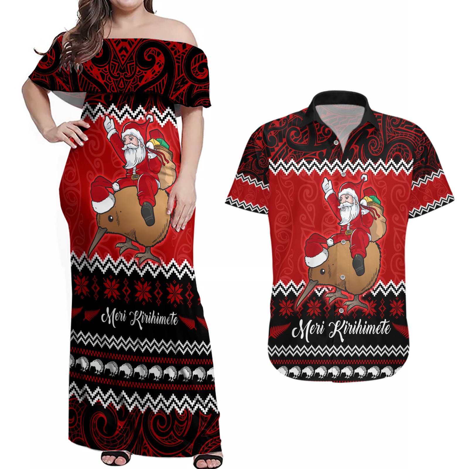 Personalised New Zealand Christmas Couples Matching Off Shoulder Maxi Dress and Hawaiian Shirt Kiwi Santa Claus Maori Meri Kirihimete LT9 Red - Polynesian Pride