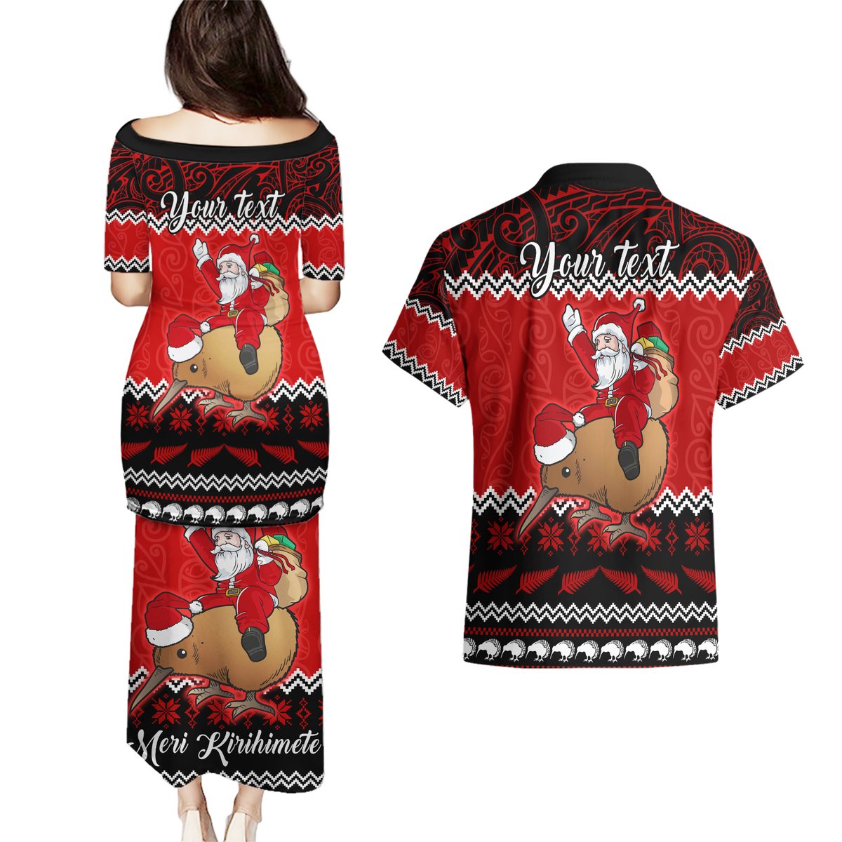 Personalised New Zealand Christmas Couples Matching Puletasi Dress and Hawaiian Shirt Kiwi Santa Claus Maori Meri Kirihimete LT9 - Polynesian Pride