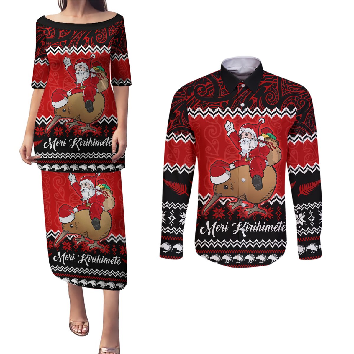 Personalised New Zealand Christmas Couples Matching Puletasi Dress and Long Sleeve Button Shirt Kiwi Santa Claus Maori Meri Kirihimete LT9 Red - Polynesian Pride