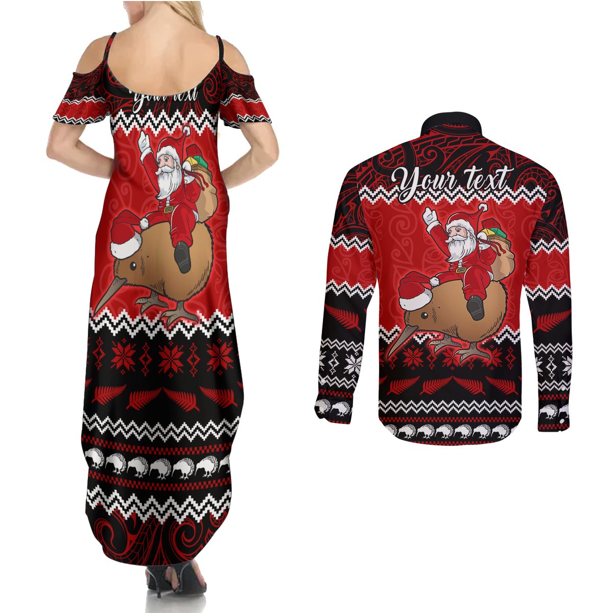 Personalised New Zealand Christmas Couples Matching Summer Maxi Dress and Long Sleeve Button Shirt Kiwi Santa Claus Maori Meri Kirihimete LT9 - Polynesian Pride