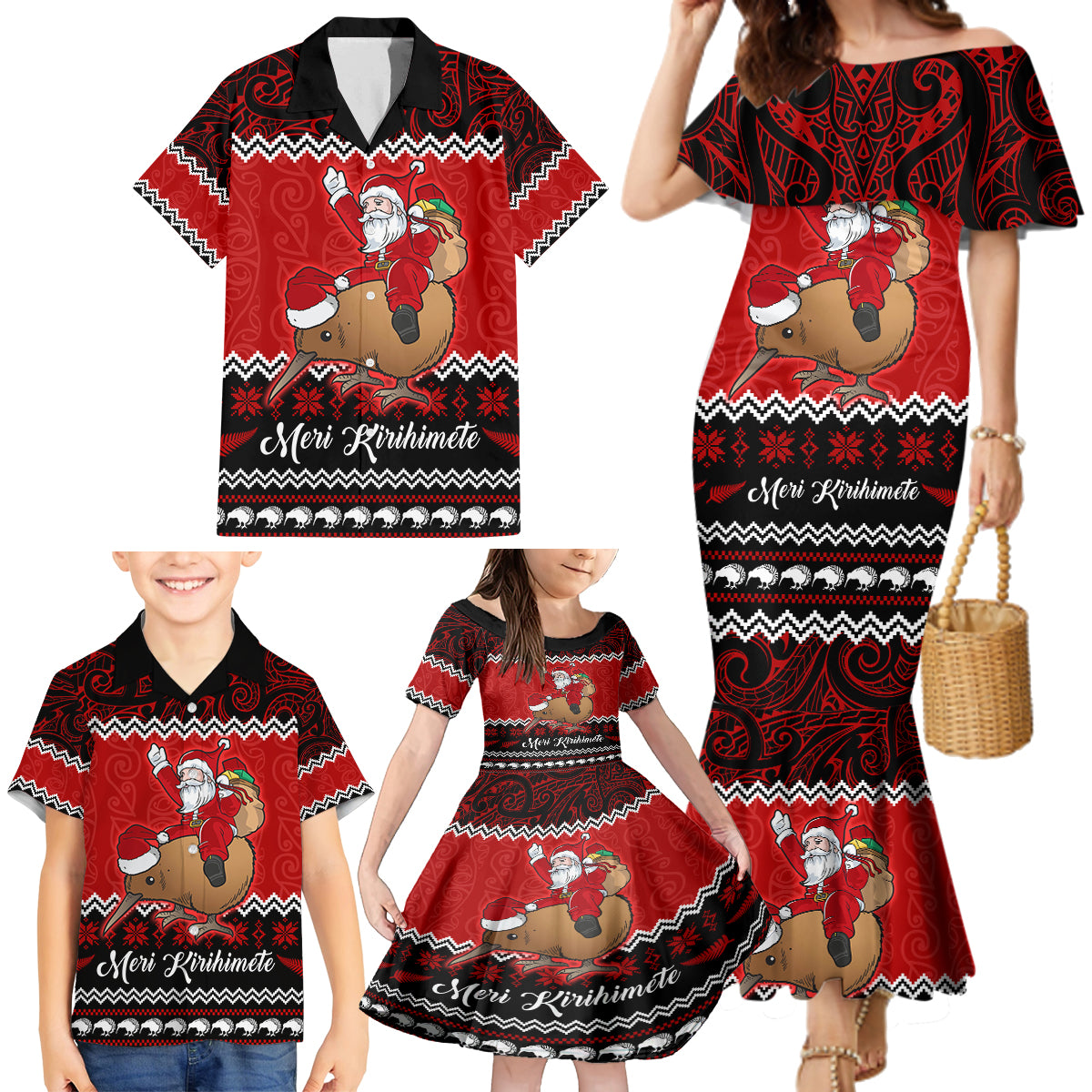 Personalised New Zealand Christmas Family Matching Mermaid Dress and Hawaiian Shirt Kiwi Santa Claus Maori Meri Kirihimete LT9 - Polynesian Pride