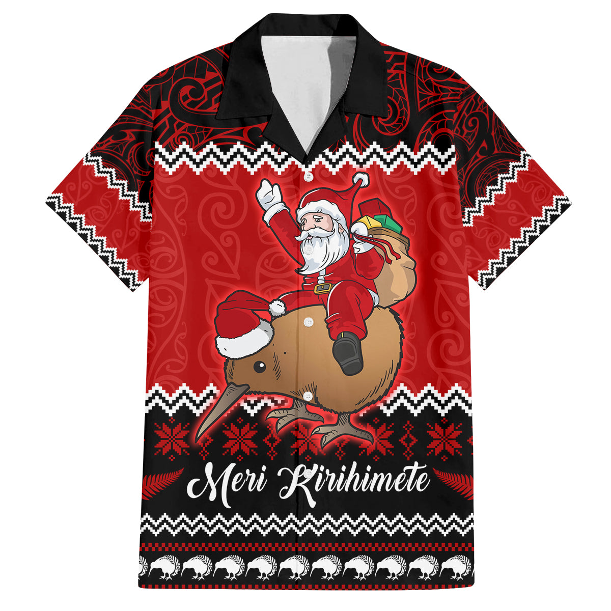 Personalised New Zealand Christmas Family Matching Off Shoulder Maxi Dress and Hawaiian Shirt Kiwi Santa Claus Maori Meri Kirihimete LT9 Dad's Shirt - Short Sleeve Red - Polynesian Pride