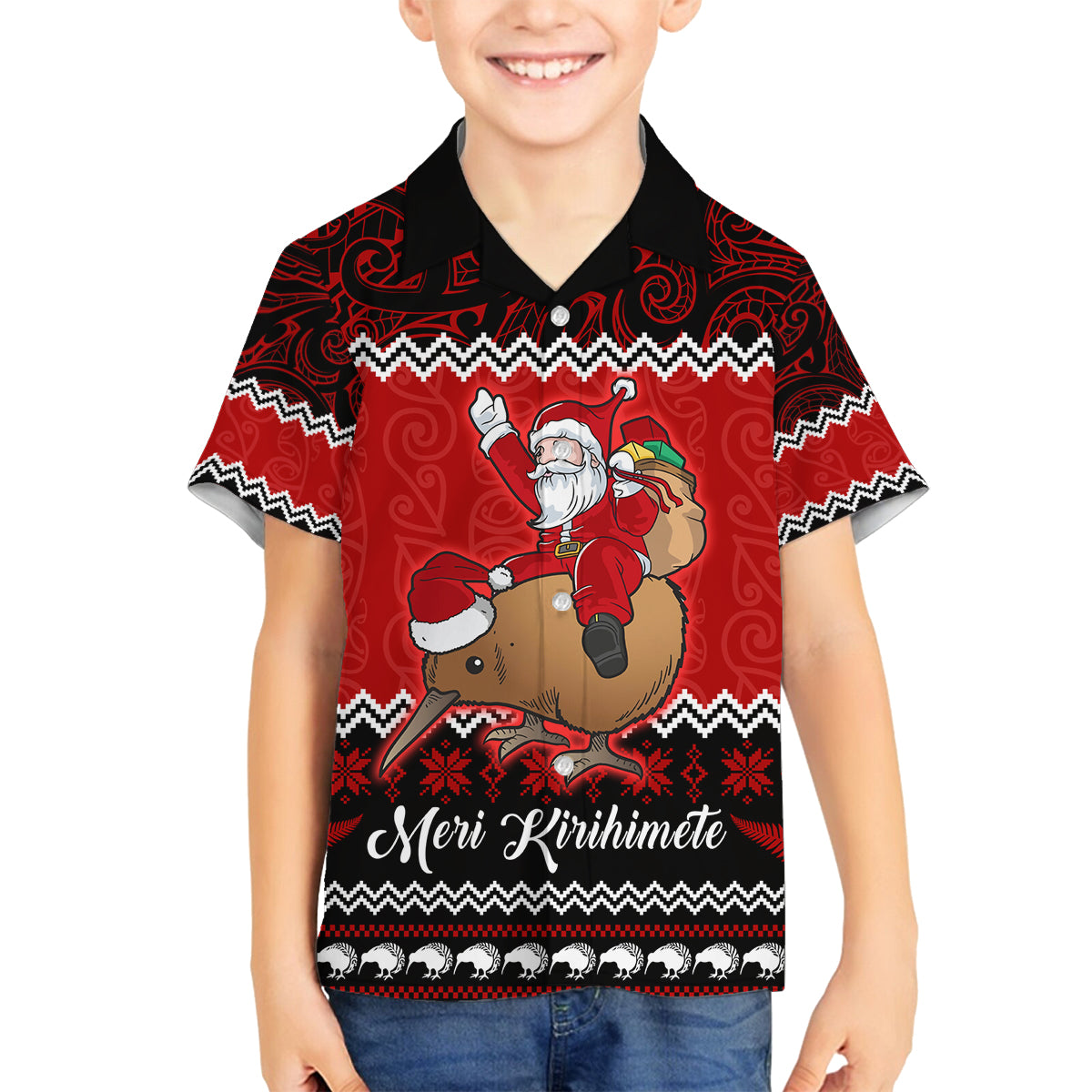Personalised New Zealand Christmas Family Matching Off Shoulder Short Dress and Hawaiian Shirt Kiwi Santa Claus Maori Meri Kirihimete LT9 Son's Shirt Red - Polynesian Pride