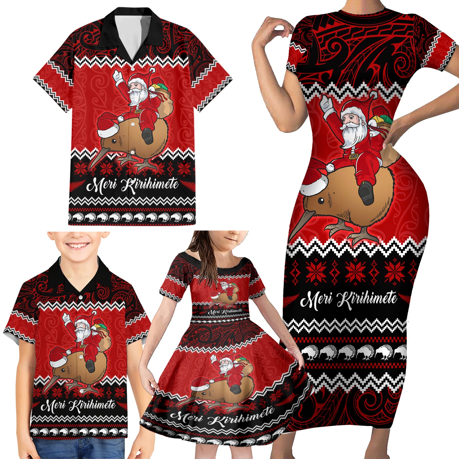 Personalised New Zealand Christmas Family Matching Short Sleeve Bodycon Dress and Hawaiian Shirt Kiwi Santa Claus Maori Meri Kirihimete LT9 - Polynesian Pride