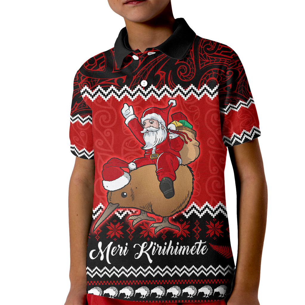 Personalised New Zealand Christmas Kid Polo Shirt Kiwi Santa Claus Maori Meri Kirihimete LT9 Kid Red - Polynesian Pride