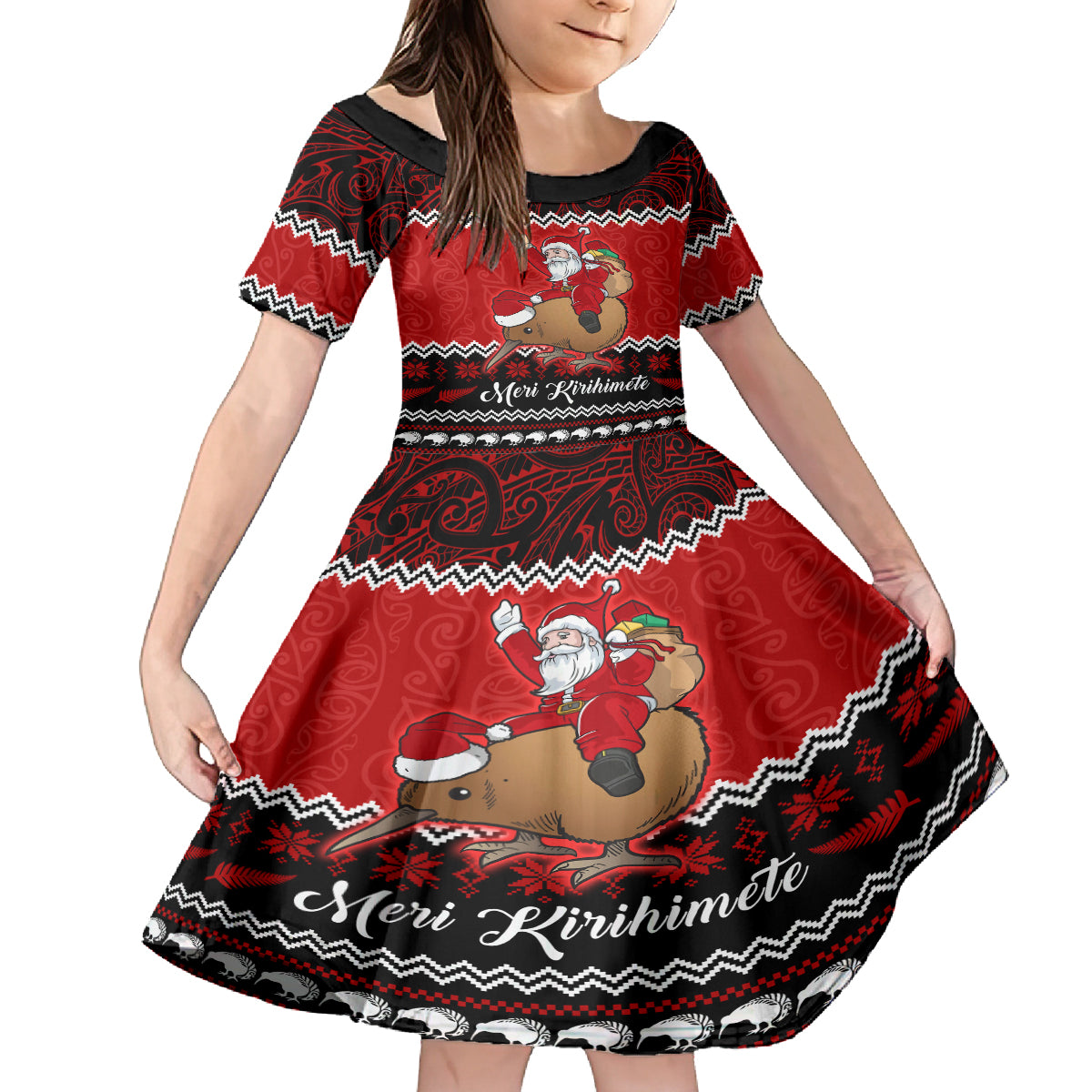 Personalised New Zealand Christmas Kid Short Sleeve Dress Kiwi Santa Claus Maori Meri Kirihimete LT9 KID Red - Polynesian Pride