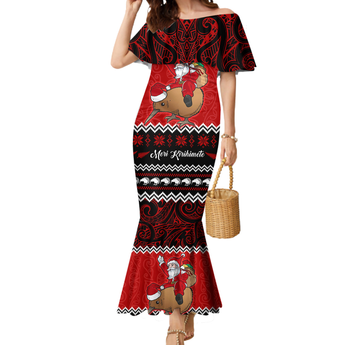 Personalised New Zealand Christmas Mermaid Dress Kiwi Santa Claus Maori Meri Kirihimete LT9 Women Red - Polynesian Pride