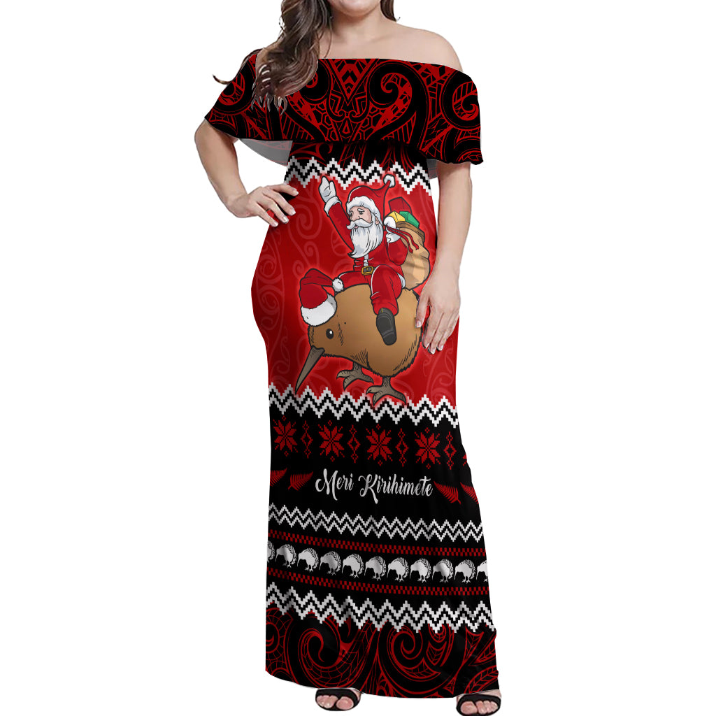 Personalised New Zealand Christmas Off Shoulder Maxi Dress Kiwi Santa Claus Maori Meri Kirihimete LT9 Women Red - Polynesian Pride