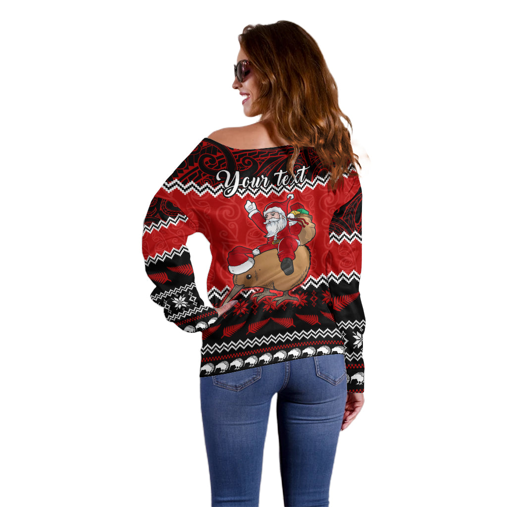 Personalised New Zealand Christmas Off Shoulder Sweater Kiwi Santa Claus Maori Meri Kirihimete LT9 - Polynesian Pride
