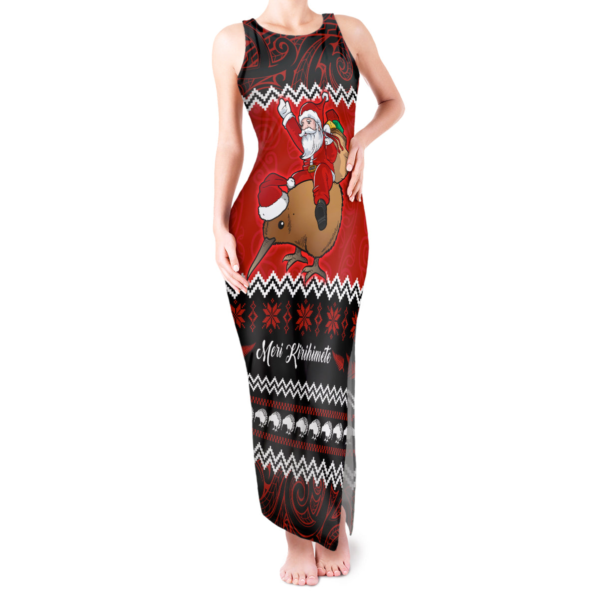 Personalised New Zealand Christmas Tank Maxi Dress Kiwi Santa Claus Maori Meri Kirihimete LT9 Women Red - Polynesian Pride