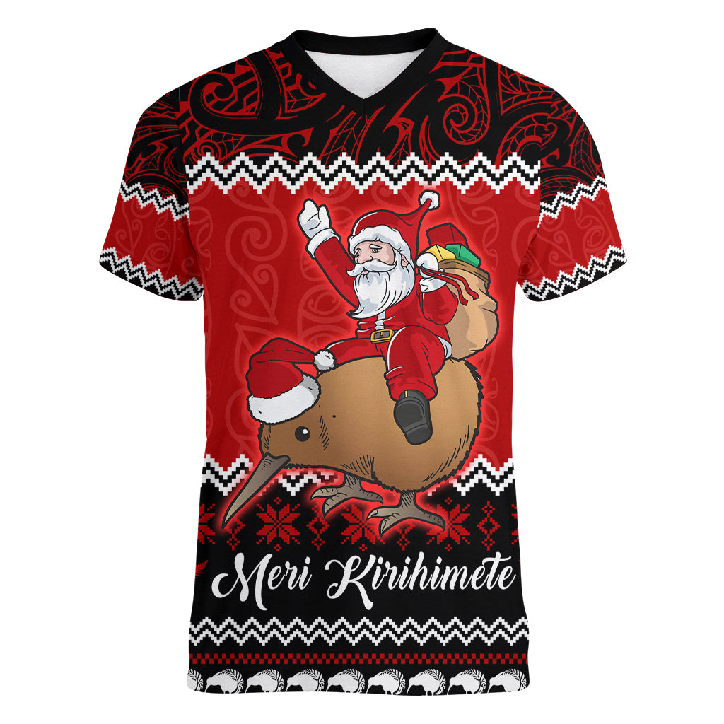 Personalised New Zealand Christmas Women V Neck T Shirt Kiwi Santa Claus Maori Meri Kirihimete LT9 Female Red - Polynesian Pride