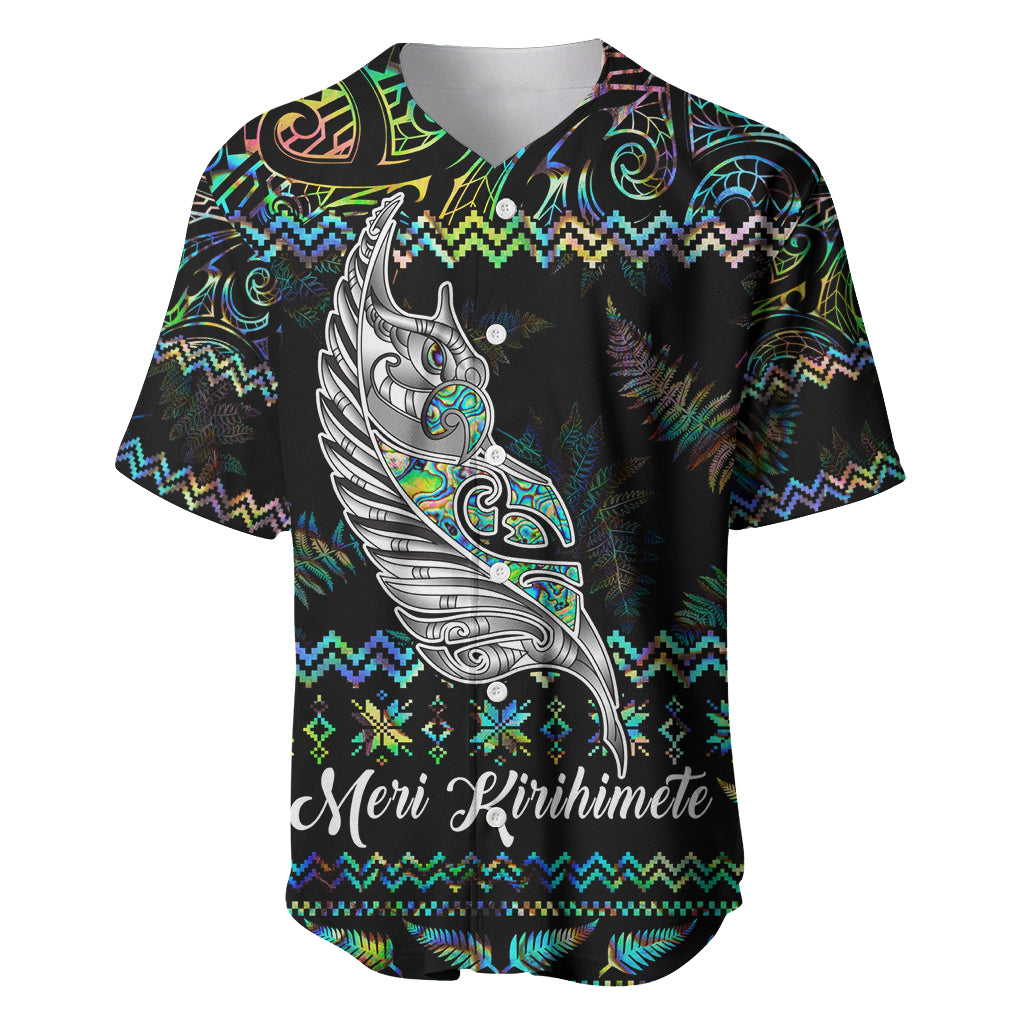 Personalised New Zealand Christmas Baseball Jersey Maori Fern Manaia Meri Kirihimete with Papaua Shell LT9 Black - Polynesian Pride