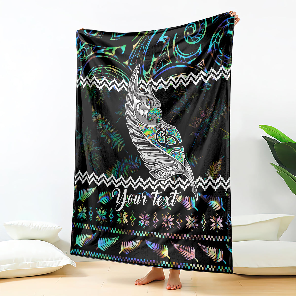 Personalised New Zealand Christmas Blanket Maori Fern Manaia Meri Kirihimete with Papaua Shell LT9 Black - Polynesian Pride