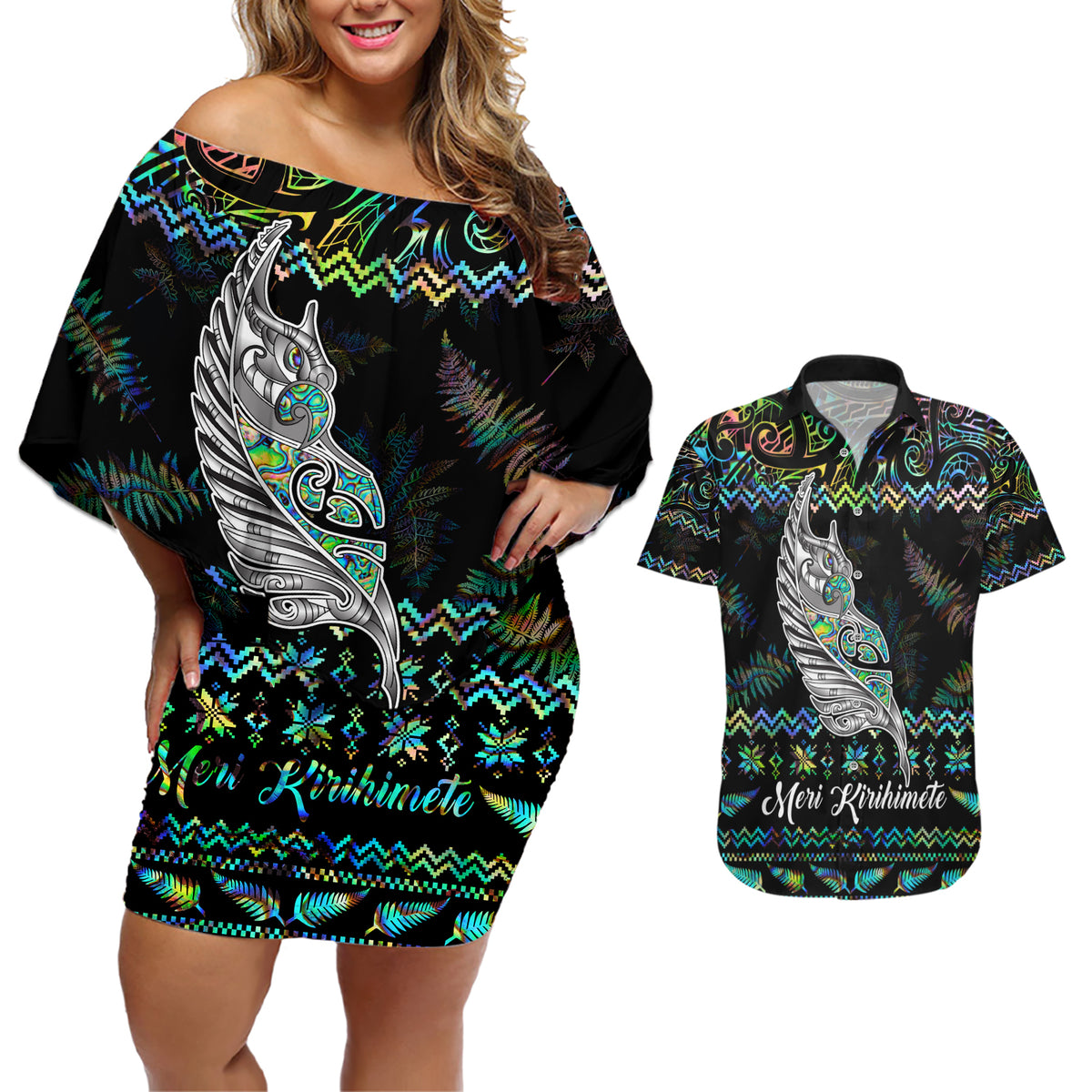 Personalised New Zealand Christmas Couples Matching Off Shoulder Short Dress and Hawaiian Shirt Maori Fern Manaia Meri Kirihimete with Papaua Shell LT9 Black - Polynesian Pride