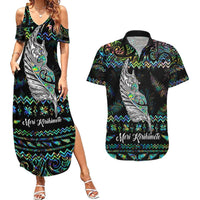 Personalised New Zealand Christmas Couples Matching Summer Maxi Dress and Hawaiian Shirt Maori Fern Manaia Meri Kirihimete with Papaua Shell LT9 Black - Polynesian Pride