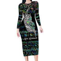 Personalised New Zealand Christmas Family Matching Long Sleeve Bodycon Dress and Hawaiian Shirt Maori Fern Manaia Meri Kirihimete with Papaua Shell LT9 Mom's Dress Black - Polynesian Pride