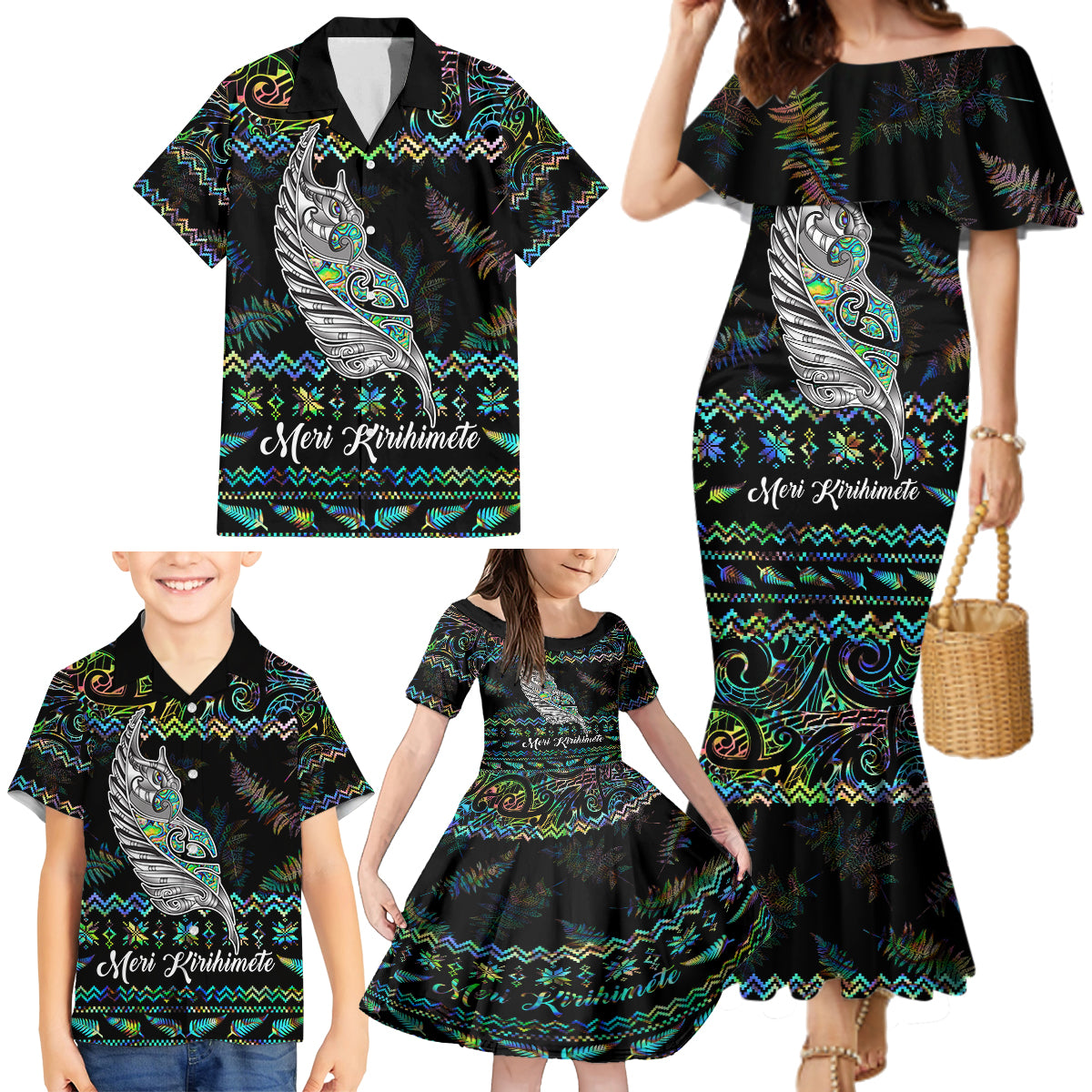 Personalised New Zealand Christmas Family Matching Mermaid Dress and Hawaiian Shirt Maori Fern Manaia Meri Kirihimete with Papaua Shell LT9 - Polynesian Pride