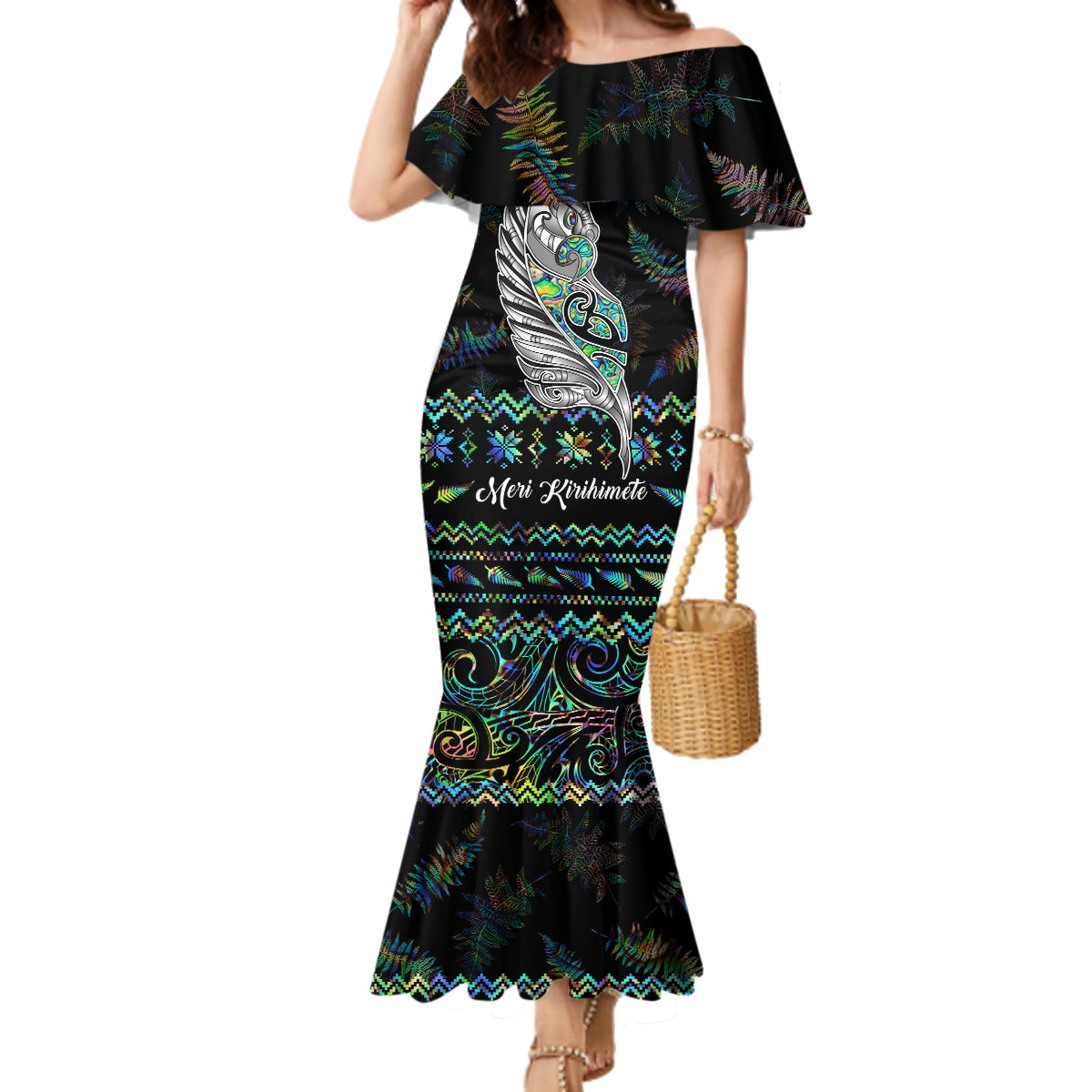 Personalised New Zealand Christmas Family Matching Mermaid Dress and Hawaiian Shirt Maori Fern Manaia Meri Kirihimete with Papaua Shell LT9 Mom's Dress Black - Polynesian Pride