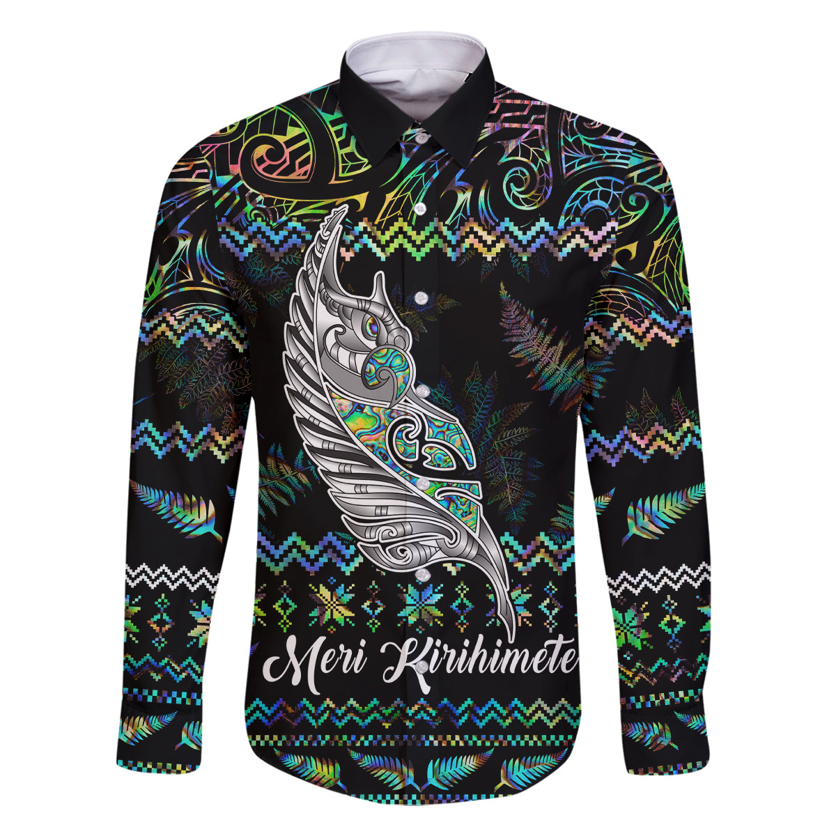 Personalised New Zealand Christmas Family Matching Off Shoulder Long Sleeve Dress and Hawaiian Shirt Maori Fern Manaia Meri Kirihimete with Papaua Shell LT9 Dad's Shirt - Long Sleeve Black - Polynesian Pride