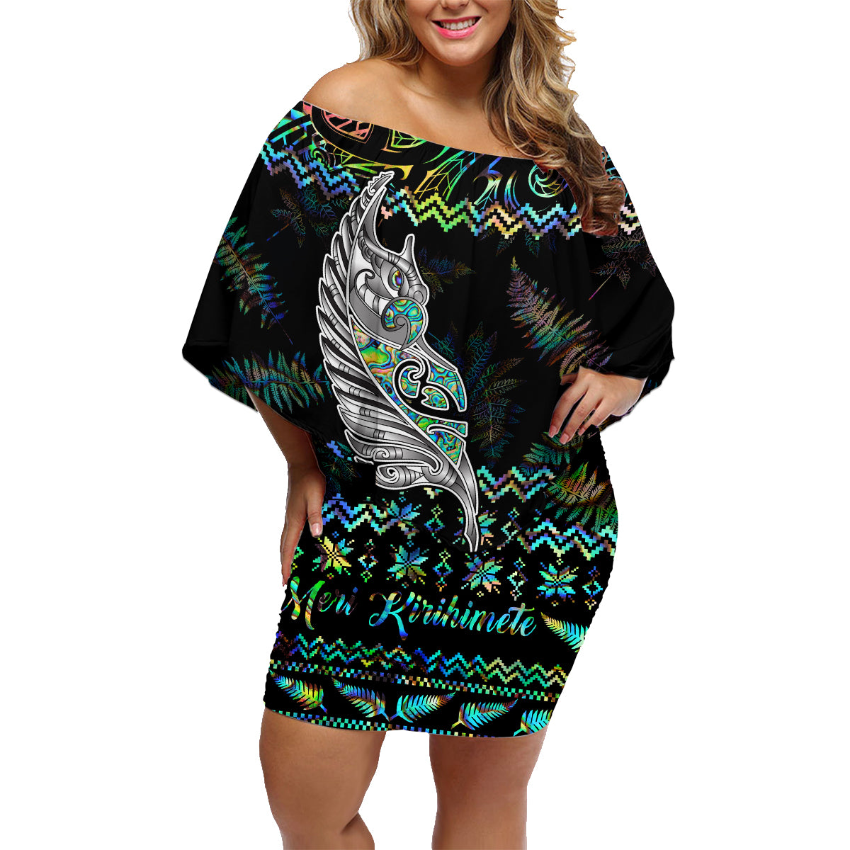 Personalised New Zealand Christmas Family Matching Off Shoulder Short Dress and Hawaiian Shirt Maori Fern Manaia Meri Kirihimete with Papaua Shell LT9 Mom's Dress Black - Polynesian Pride