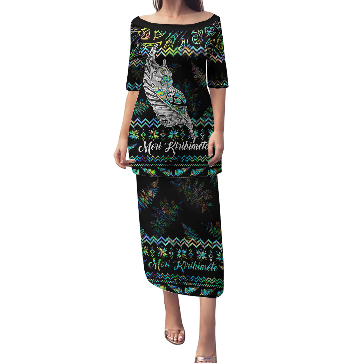 Personalised New Zealand Christmas Family Matching Puletasi Dress and Hawaiian Shirt Maori Fern Manaia Meri Kirihimete with Papaua Shell LT9 Mom's Dress Black - Polynesian Pride